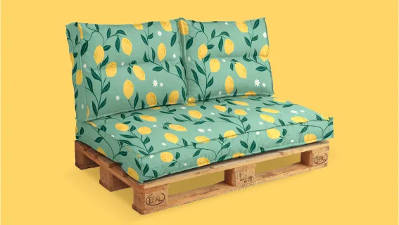 Mockup de motif illustré d'un motif de citron sur des coussins palettes pour camif.fr